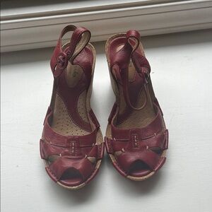 Clarks Burgundy Leather Slingback Wedge Sandals